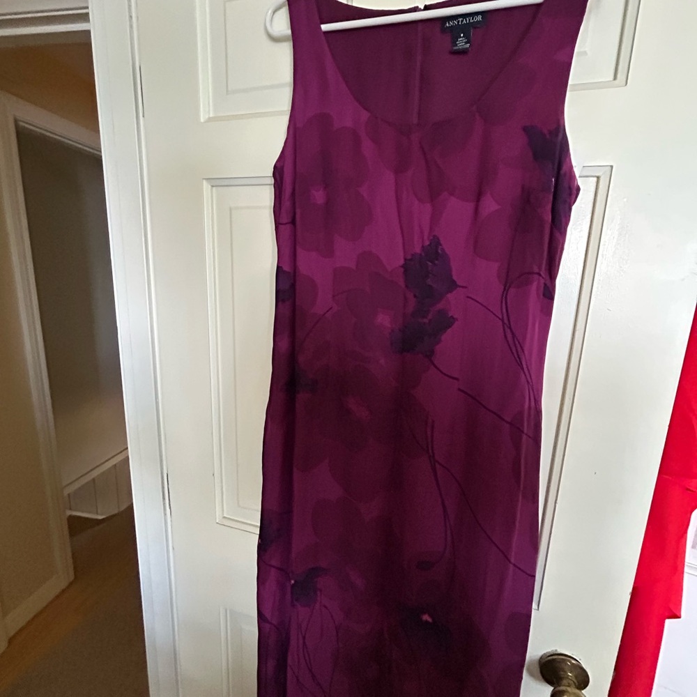 Ann Taylor Purple & Pink Sheath Midi Silk Dress Sleeveless Scoop Neck